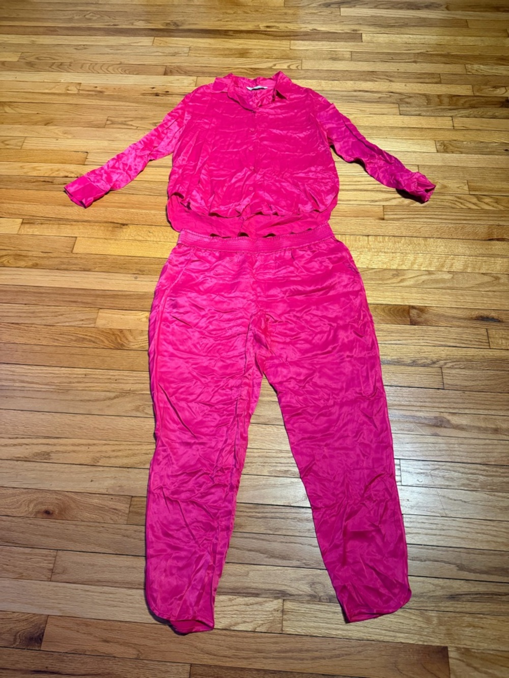 Zara Satin Matching Set Fuchsia Hot Pink Two-Piece Pantsuit Coord L/XL pullover